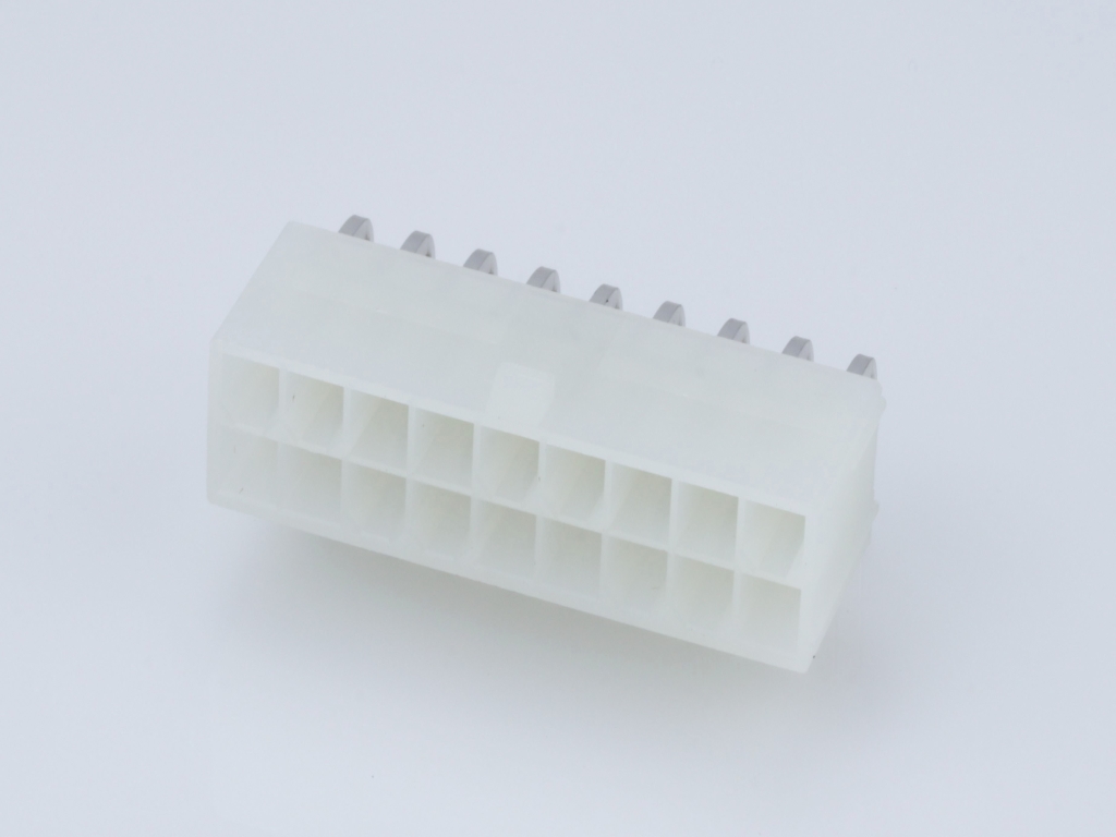 Mini-Fit Jr. Header, Dual Row, Right-Angle, with Snap-in Plastic Peg PCB Lock, 18 Circuits, Nylon 6/6 94V-2, 2.54µm Matte Tin (Sn) Plating, Natural, Bag