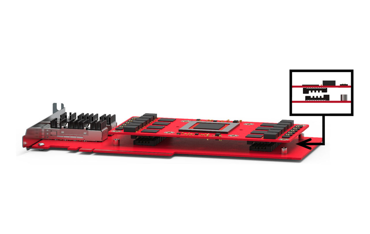 Two red PCBs stacked with a Molex Mirror Mezz connector bridging them together.