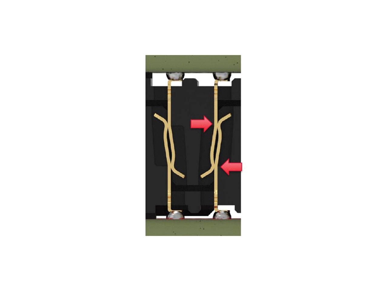 Cross-section view of Molex Mirror Mezz connectors highlighting the two points of contact on each beam. 