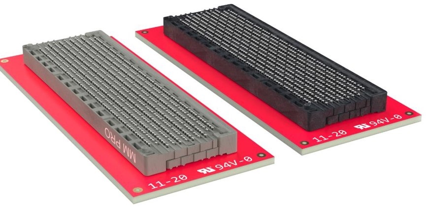 Molex Mirror Mezz and Mirror Mezz Pro connectors mounted to a red PCB. 