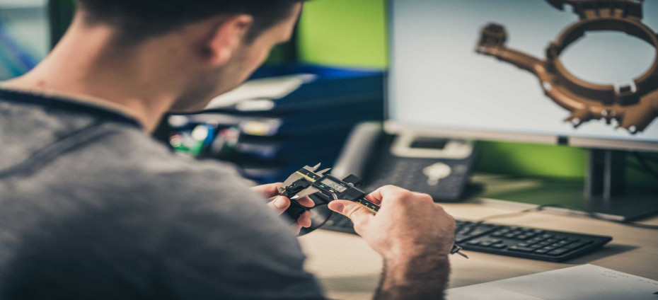 Engineer using calipers to check dimensions of a part while working at a desktop computer.   