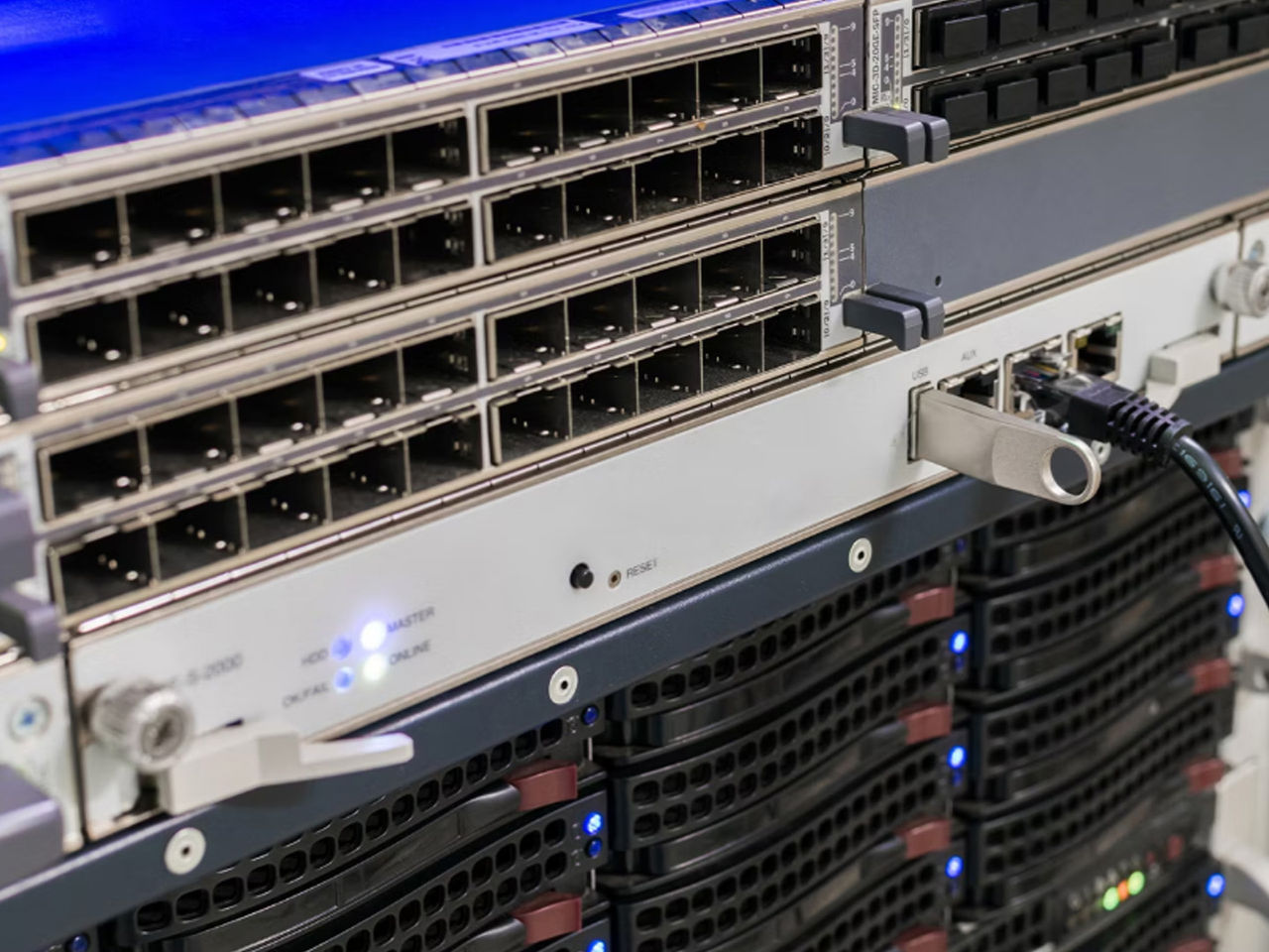 Rear view of a server rack.