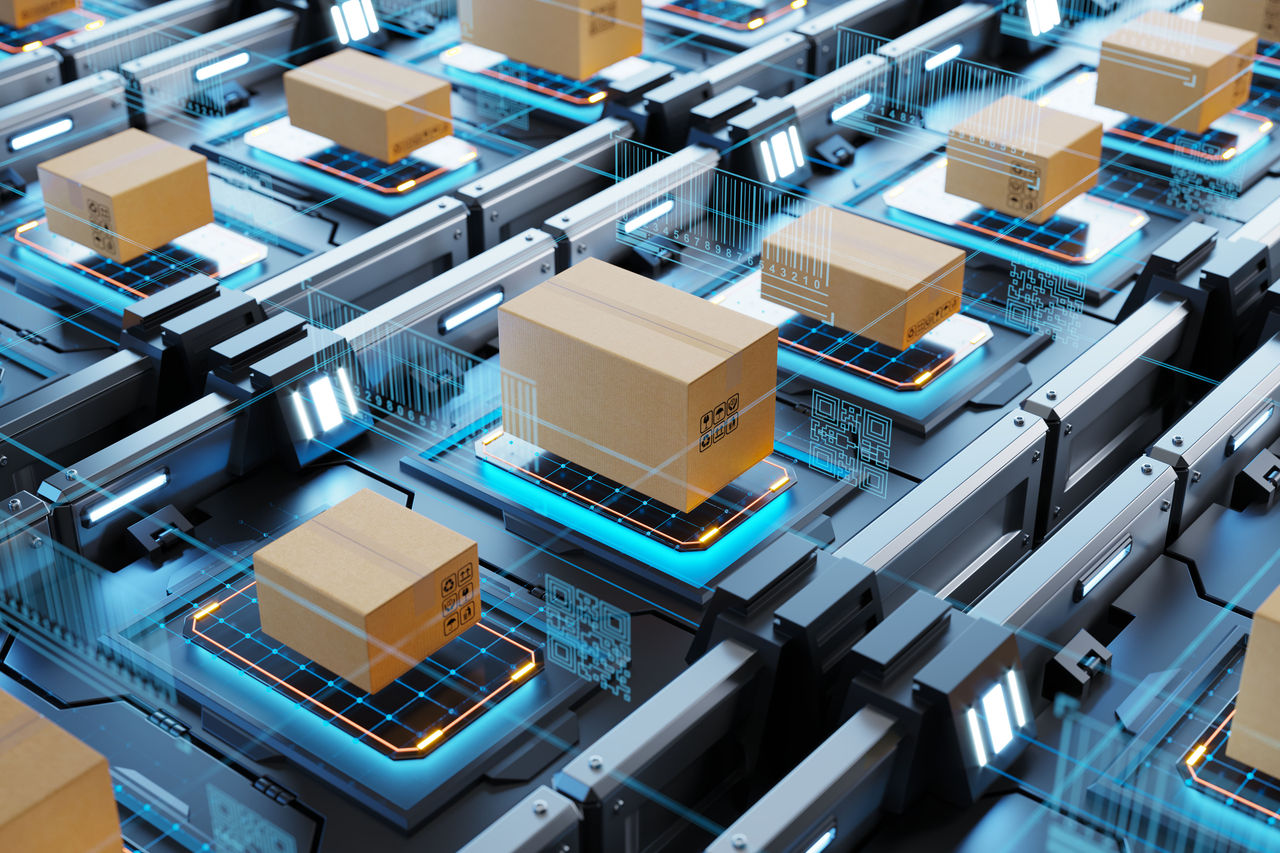 Illustration 3D Rendering Packages Optimized for Digital Supply Chain. 