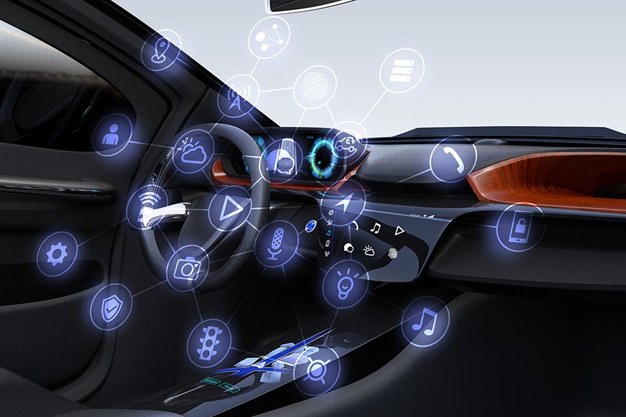 In-cabin driving console with illustration of software applications. 