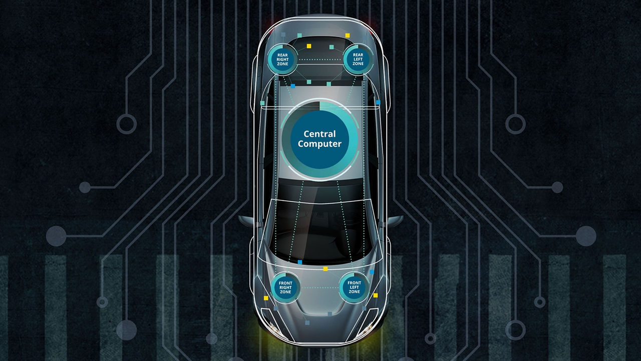 A stylized schematic of electrical architecture in a modern vehicle.