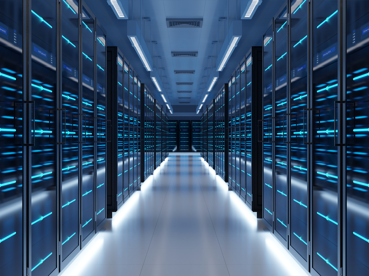 AI data center with sleek technology, glowing servers, and network hardware in a large, modern facility.