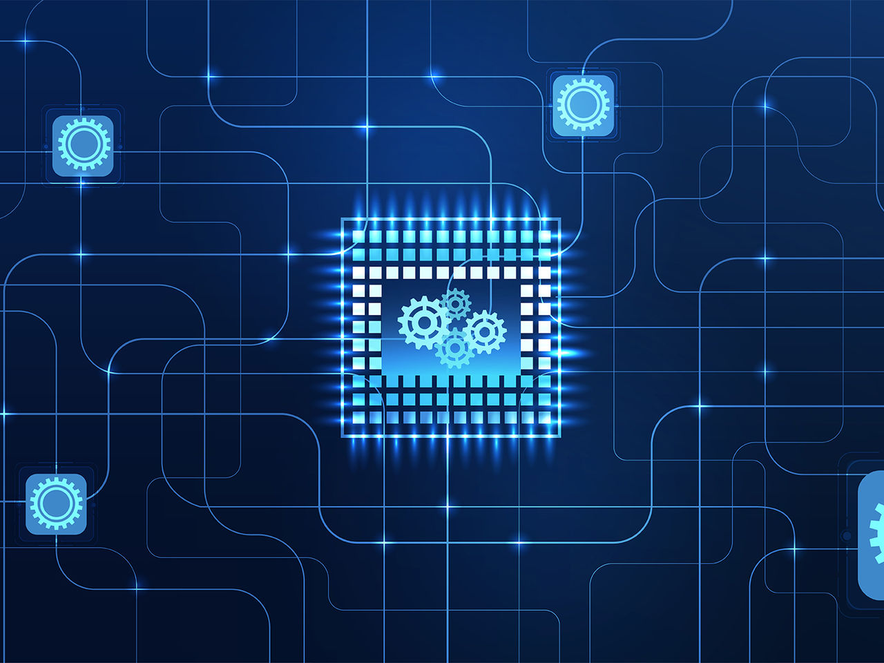 A microchip surrounded by gears and interconnected lines representing humanoid robotic system design. 