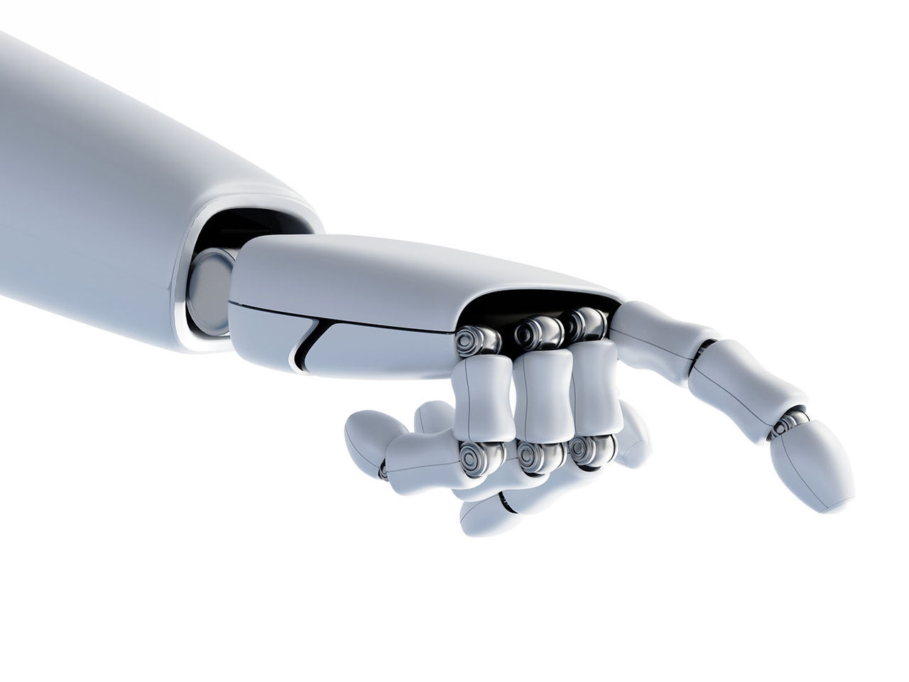 A close-up view of a humanoid robotic hand.