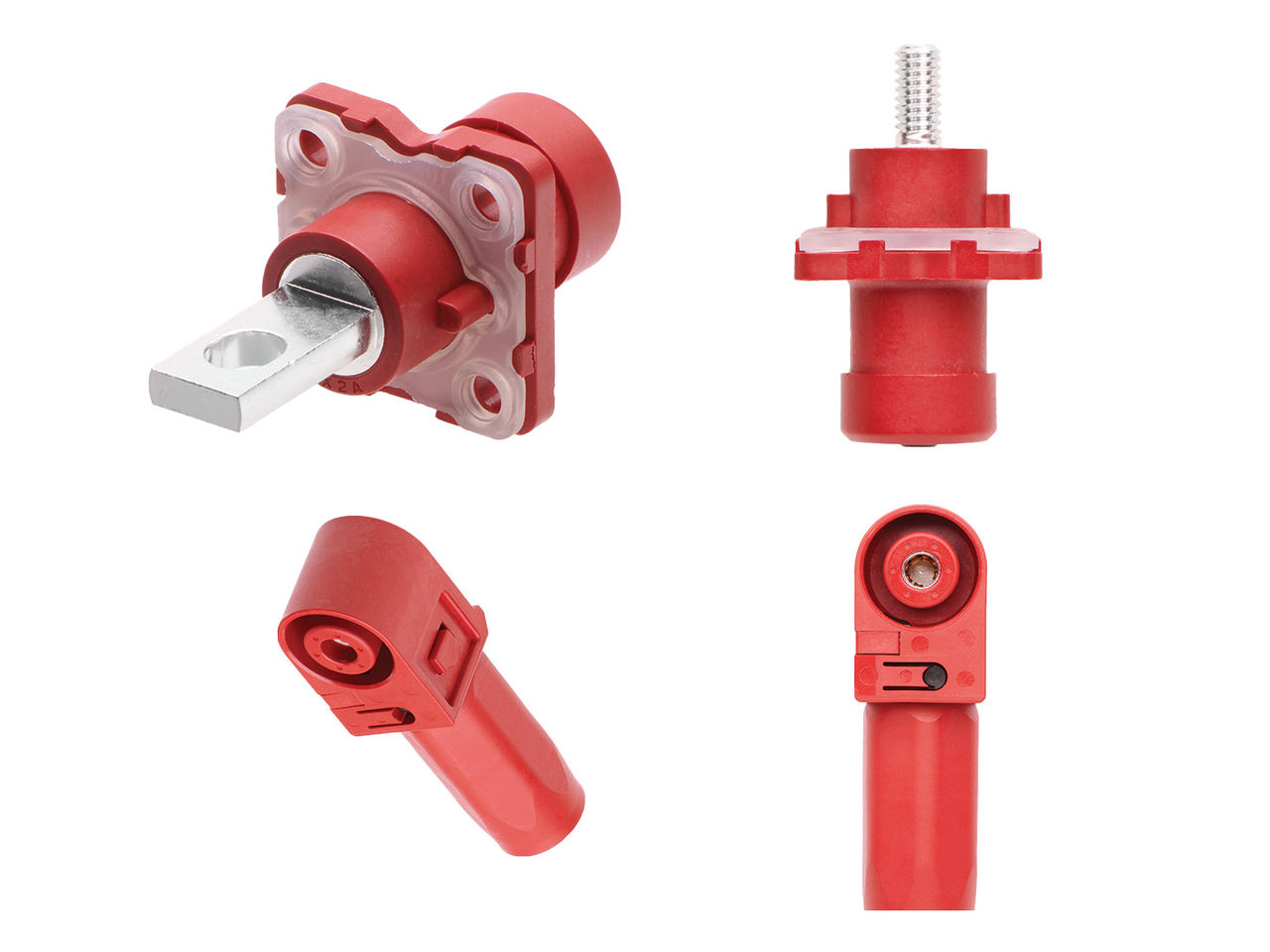 Molex SideWize High-Voltage Connectors shown in multiple views featuring compact red housings, right-angle and panel-mount configurations. 