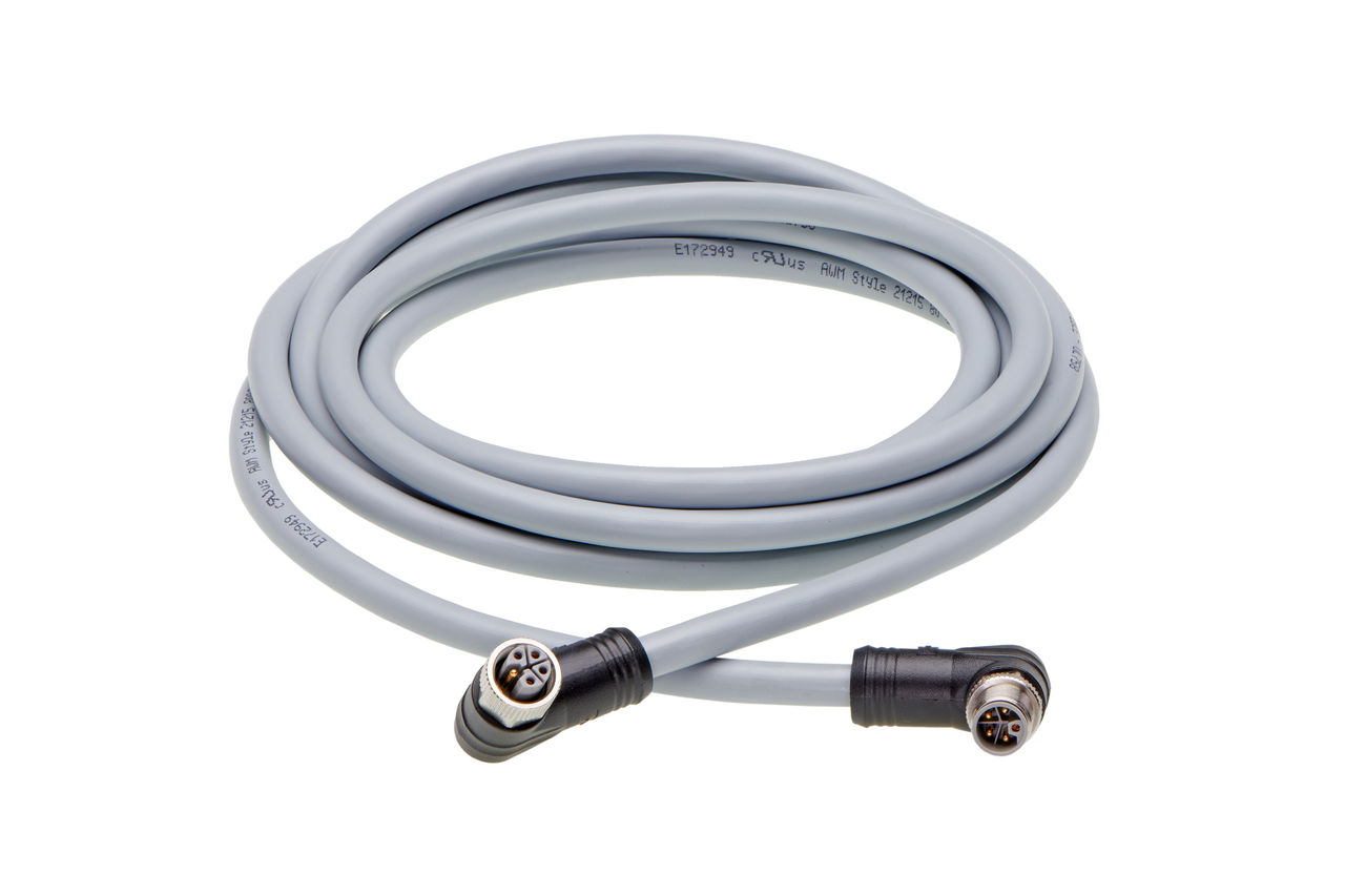 Brad M12 Power L-Code Connectors and Cable Assemblies with right-angle black housings and gray cable for compact power applications. 
