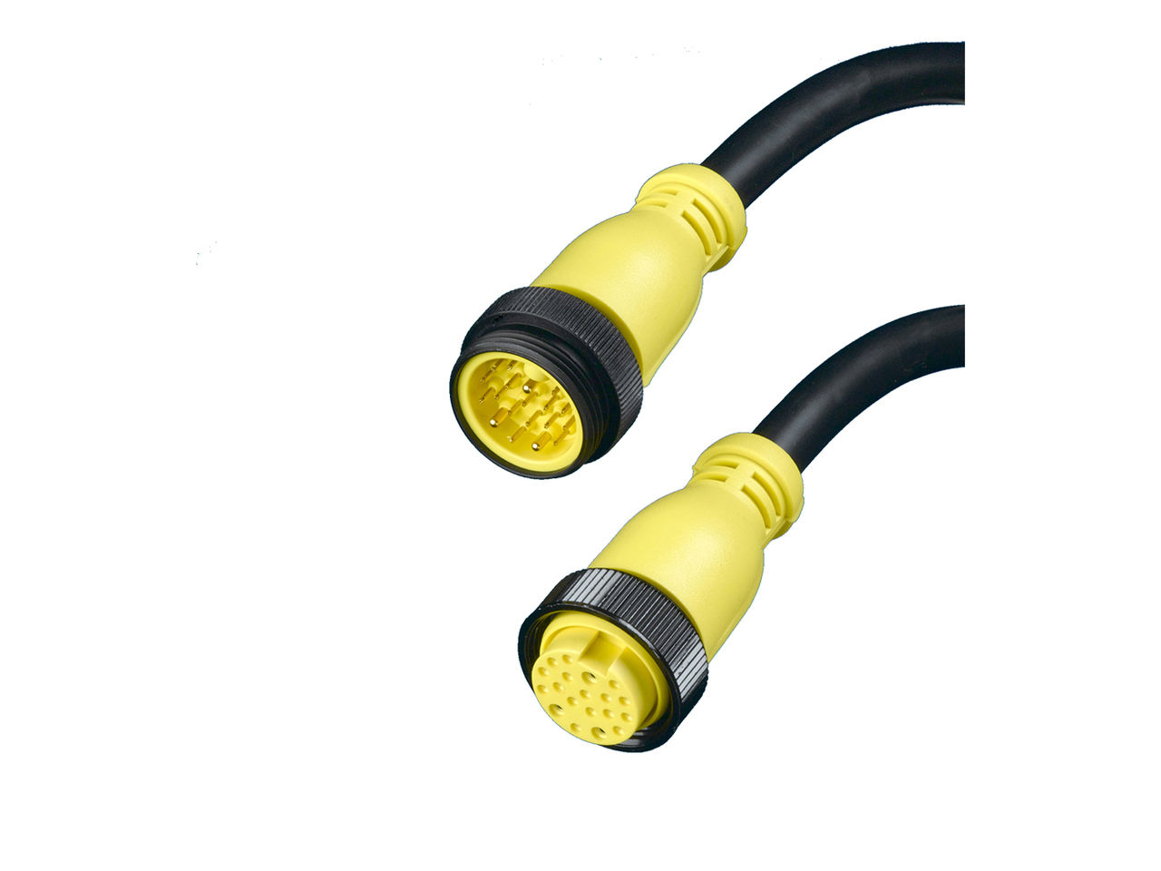 Molex Mini-Change 7/8” Connectors and Cable Assemblies with yellow overmolded housings and circular pin layouts. 