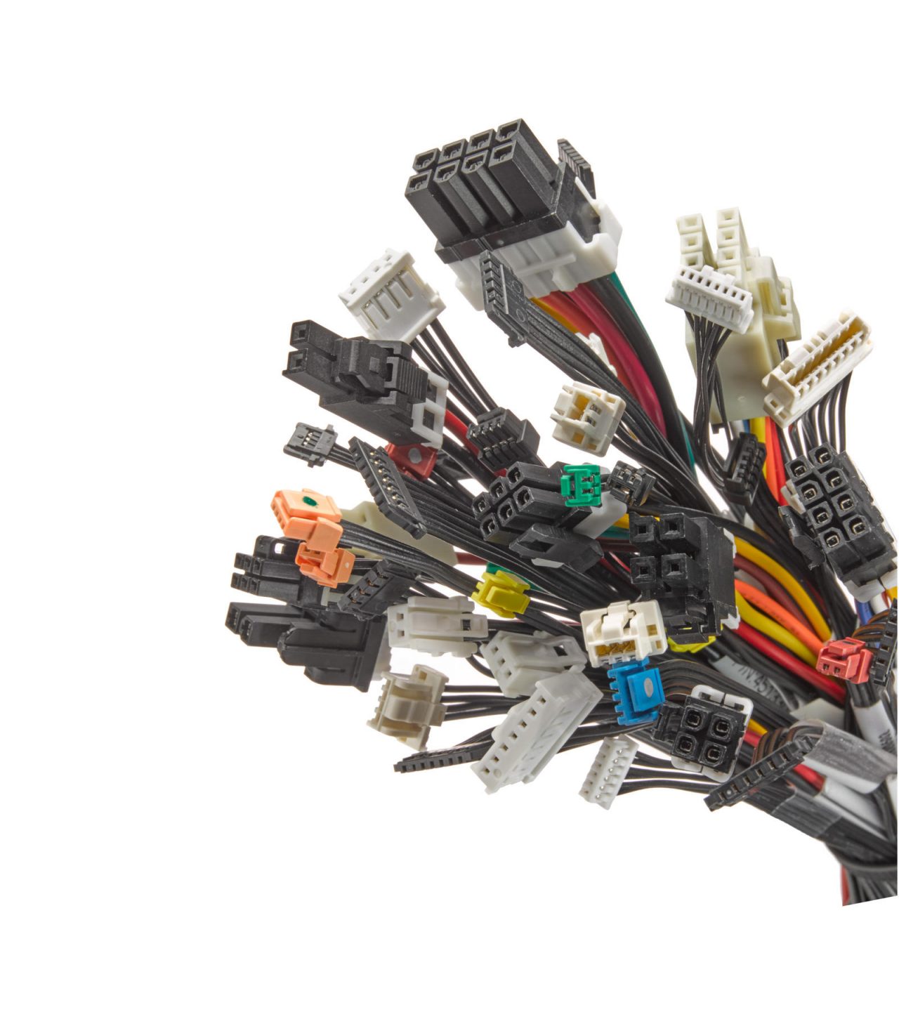 Molex Custom Power and Signal Cable Assemblies with a variety of multi-colored connectors and wire harnesses. 