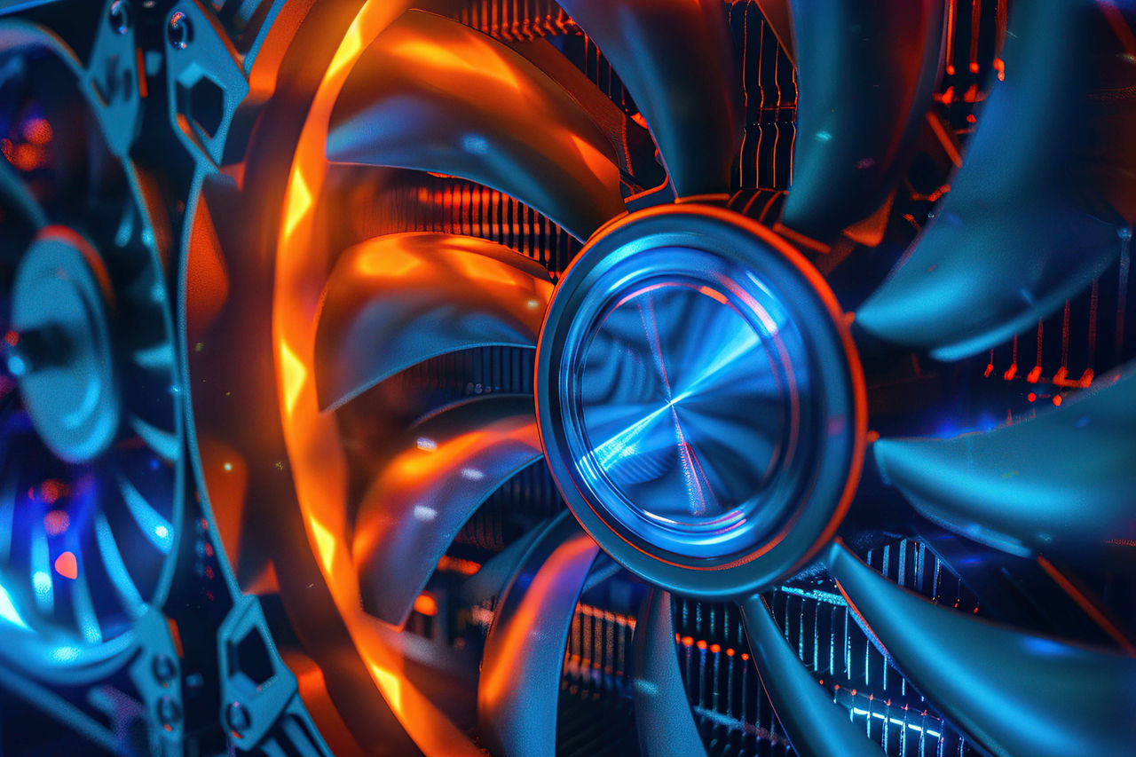Industrial fan glowing red in a data center representing thermal management.