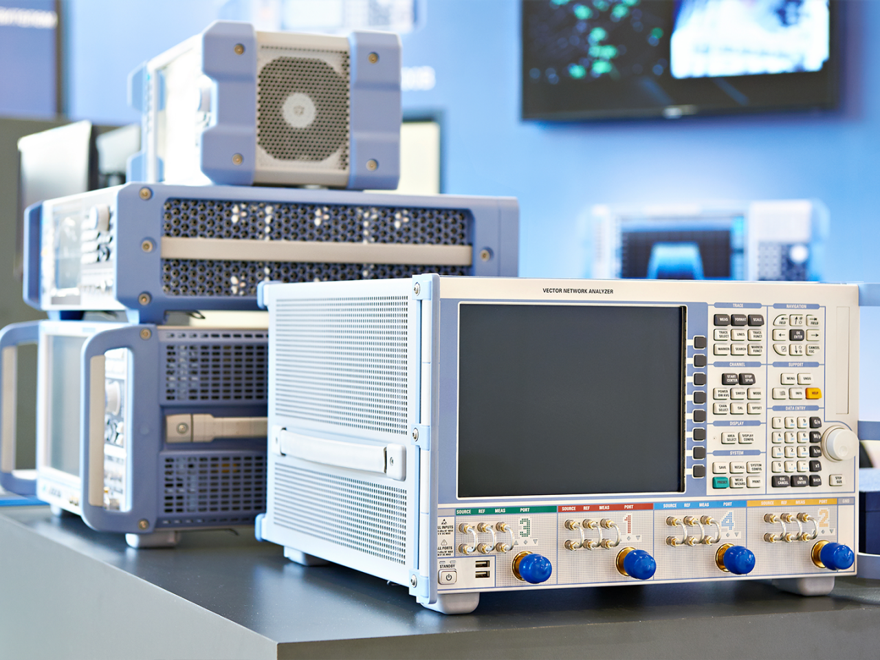 Vector network analyzer for RF testing.