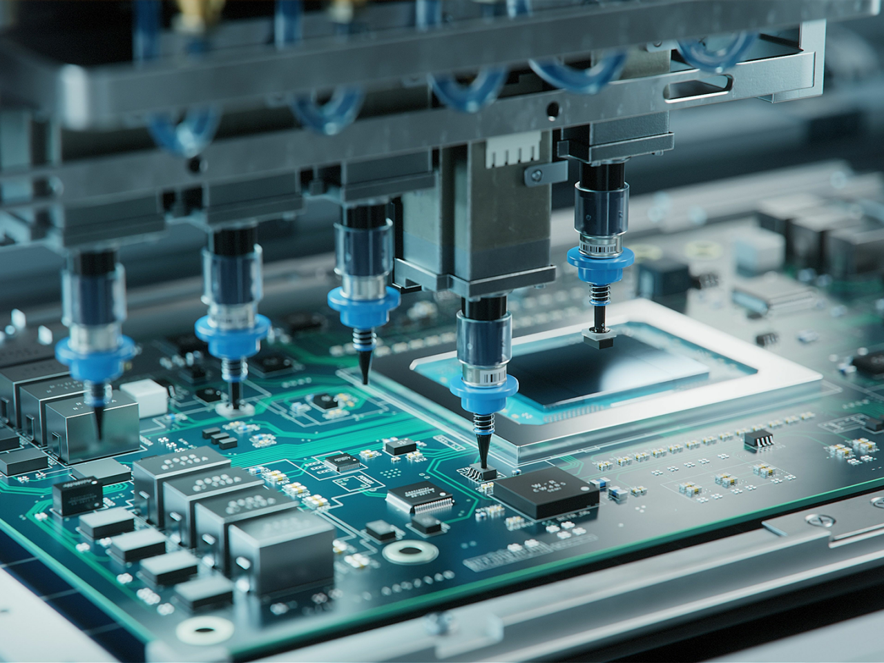 Automated equipment installing components on a circuit board during manufacturing.