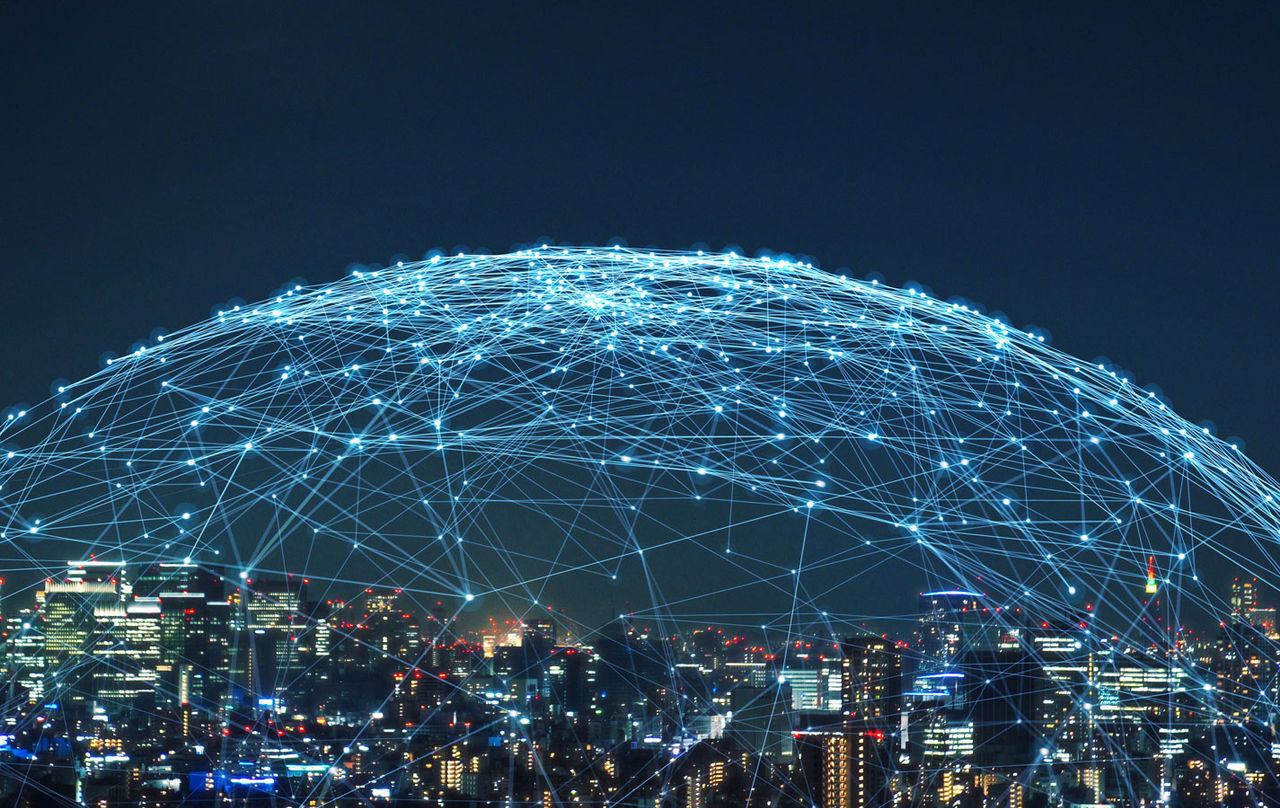 A view of a city skyline representing a connected world.