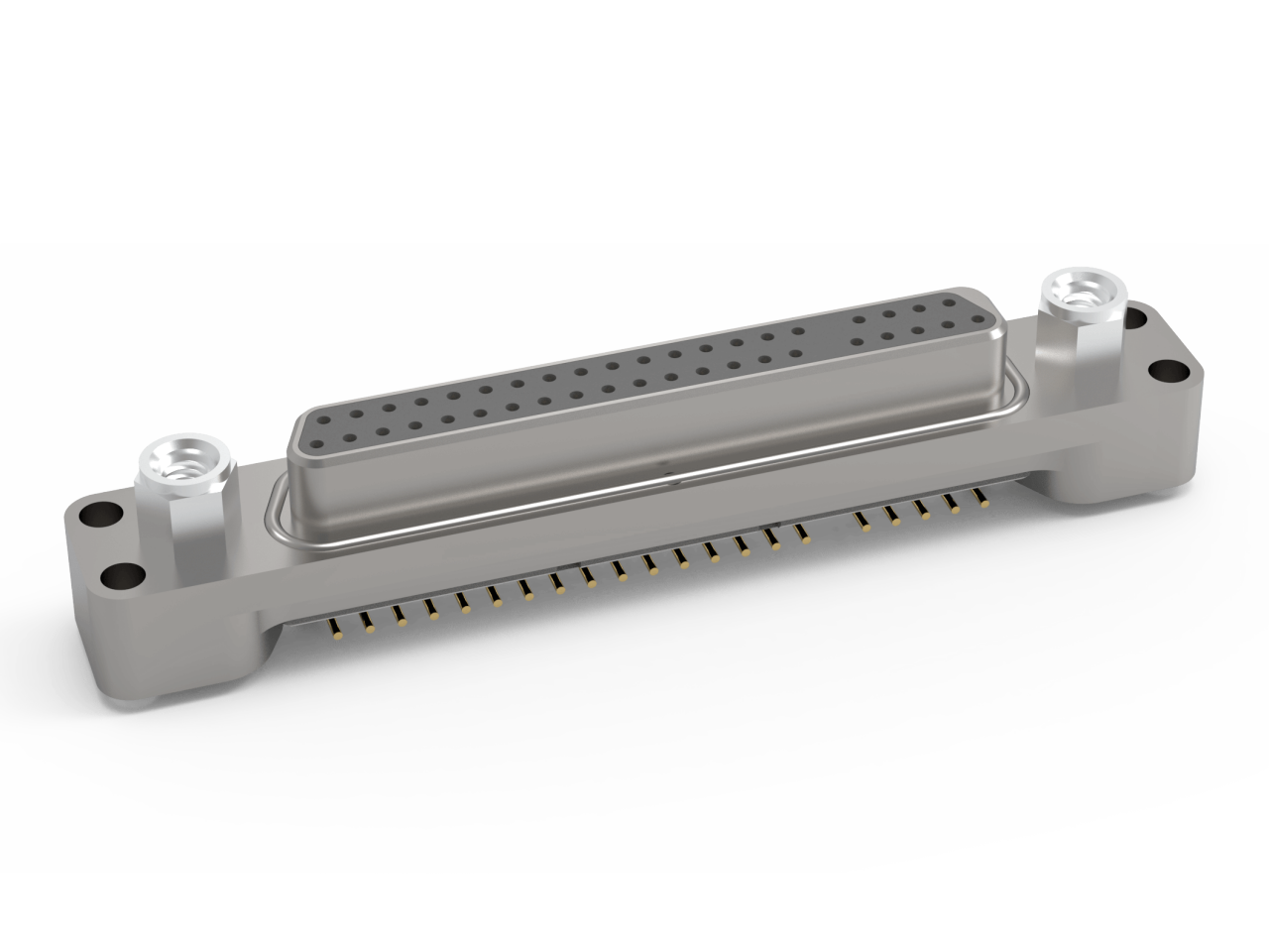 AirBorn microSI High-Speed Micro-D Plug with surface-mount termination option in a vertical orientation with mounting ears.