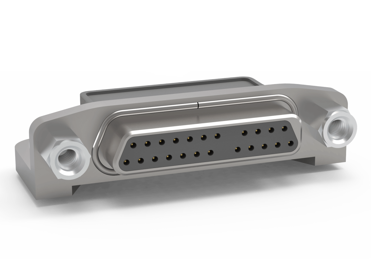 AirBorn microSI High-Speed Micro-D Receptacle with surface-mount termination option in a right-angle orientation with mounting ears.