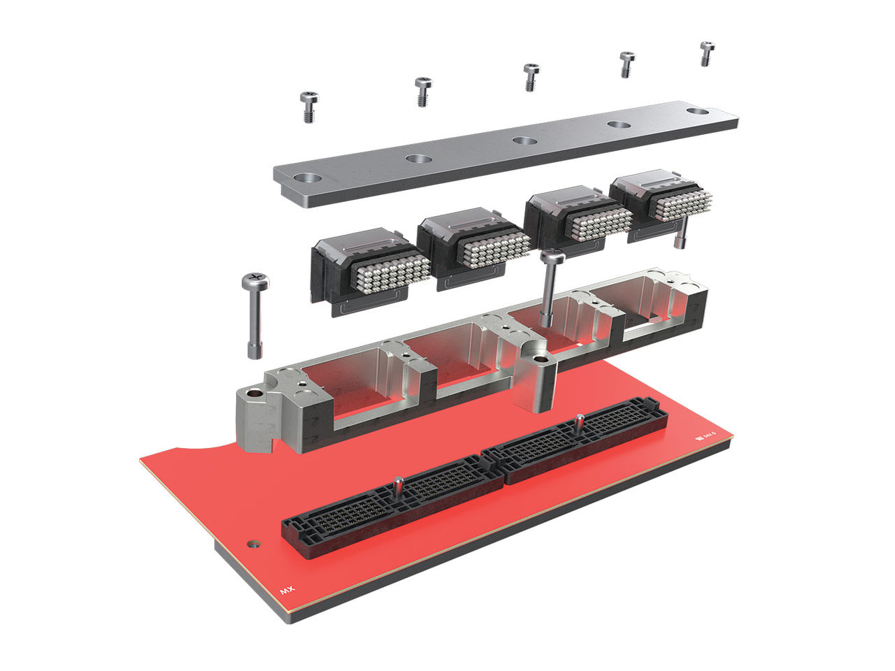Exploded view of the Impress Co-Packaged Copper Solution showing the retention hardware. 