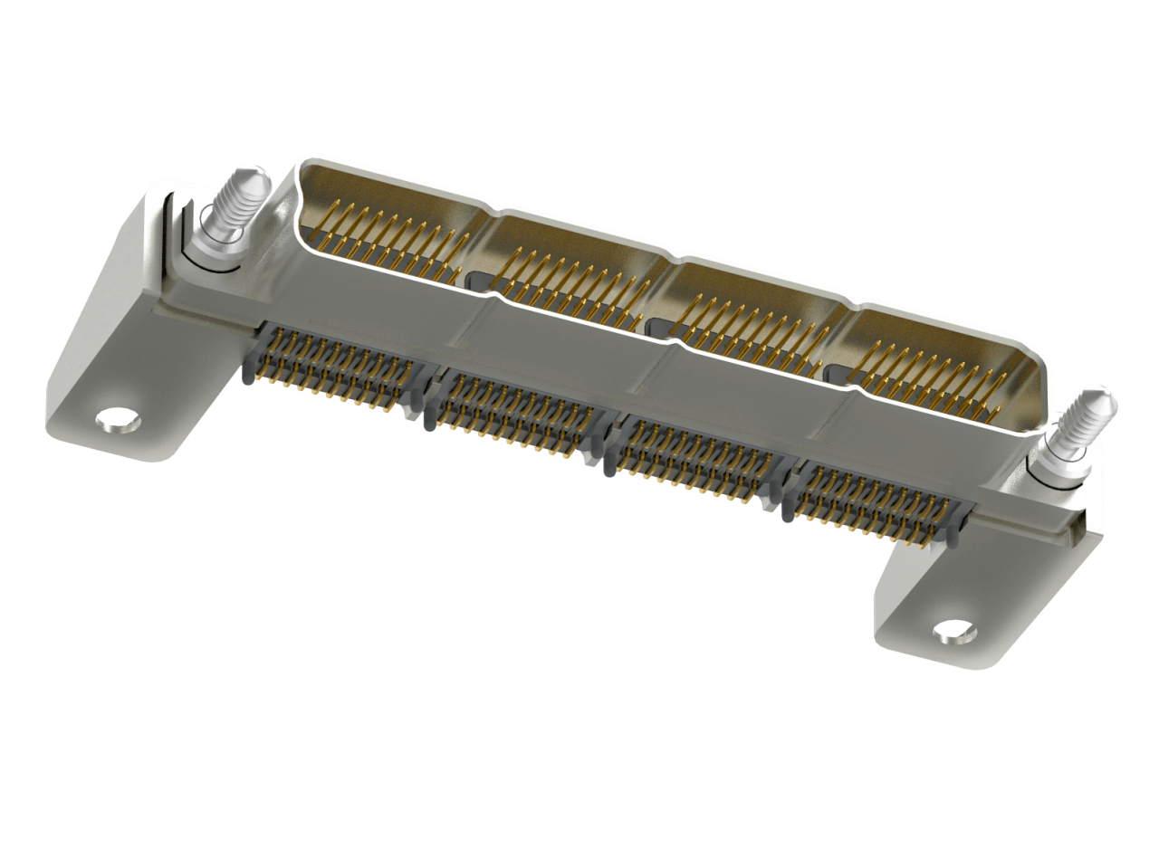 AirBorn SInergy Modular High-Speed Hybrid Connector board-mount receptacle with two bays in a right-angle orientation.
