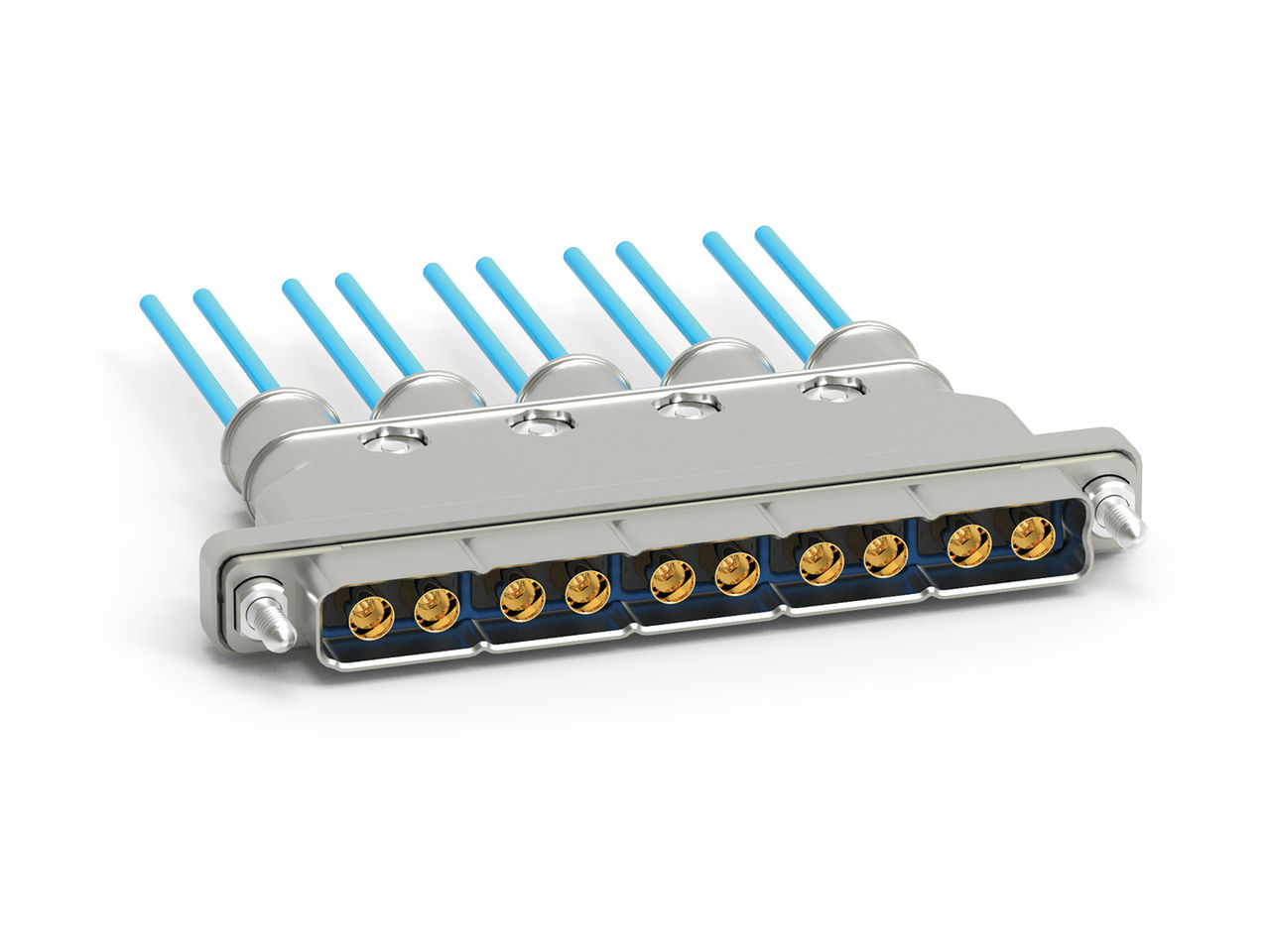 AirBorn SInergy Modular High-Speed Hybrid Connector with five bays and SMPM RF interfaces.