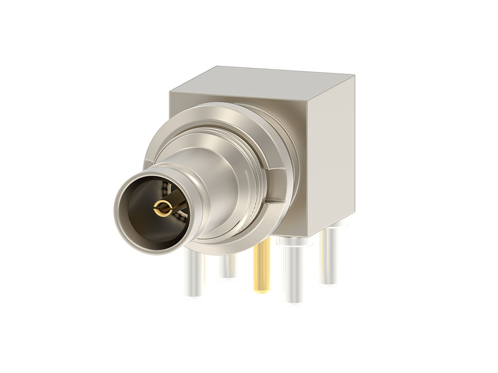 DIN 1.0/2.3 through-hole right-angle connector. 