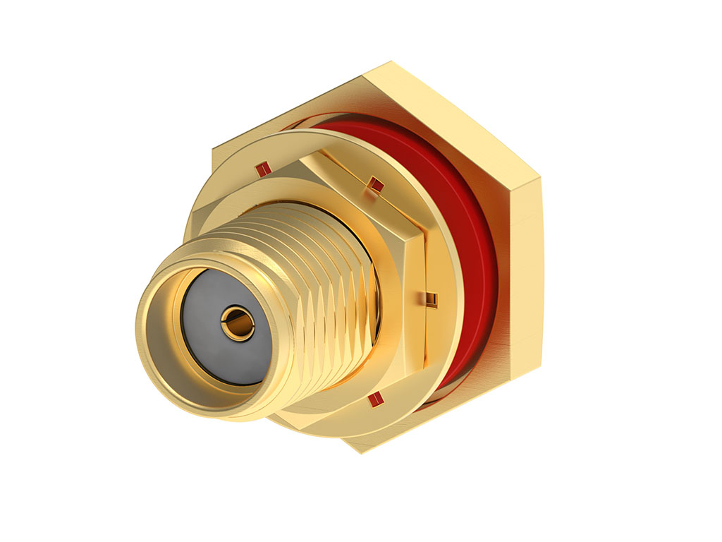 SMA (subminiature A) 26.5 GHz straight bulkhead connector. 
