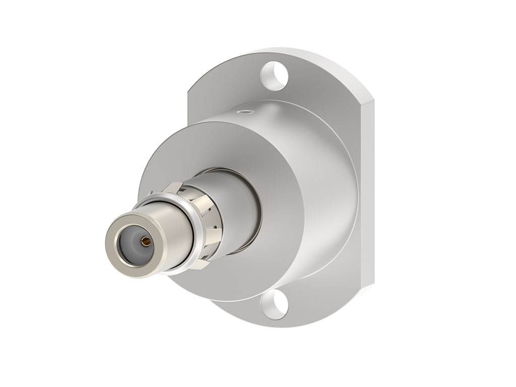 Type F to Mini BNC 4 GHz flange-mount adapter. 