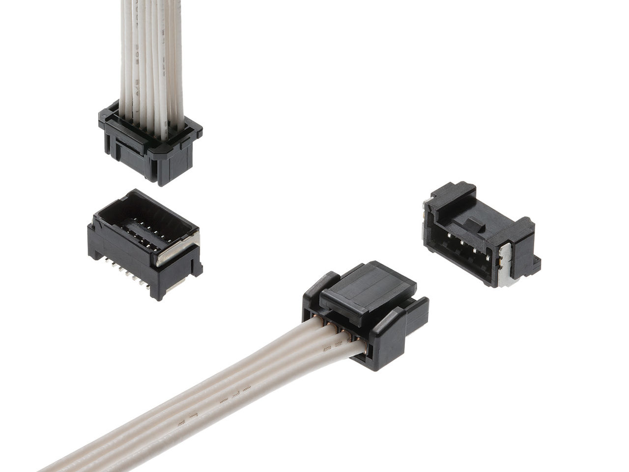 Vertical and right-angle Micro-Lock Plus connector headers with mating discrete wire cable assemblies.  