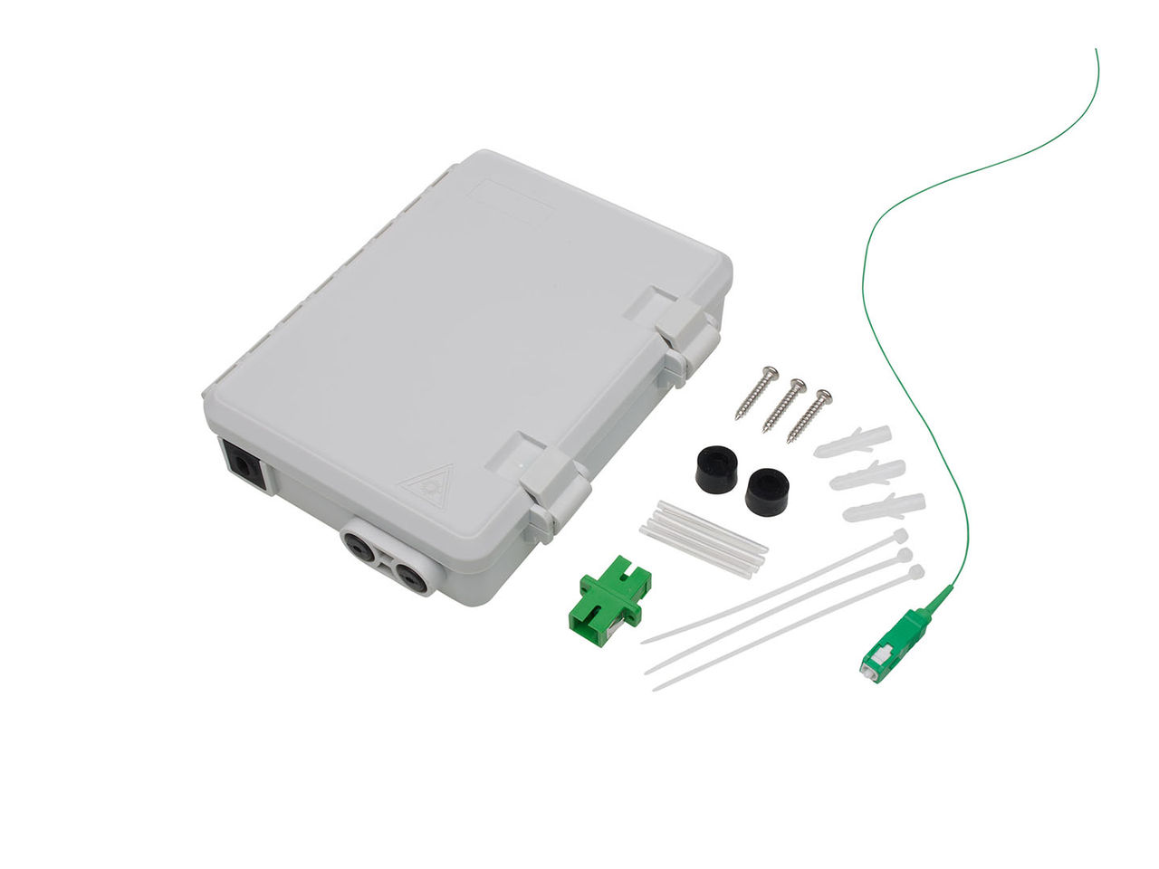 A Molex optical Demarcation Box with an optical cable, fiber optic adapter and mounting fasteners. 