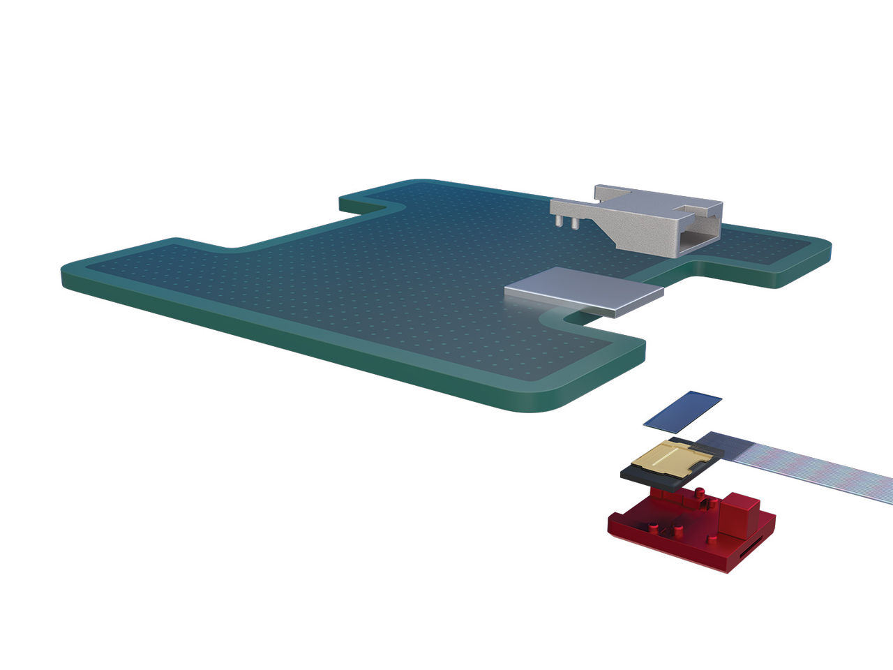 Exploded view of Molex TeraVERSE Detachable Optical Chiplet Connectors and sockets for CPO architectures.