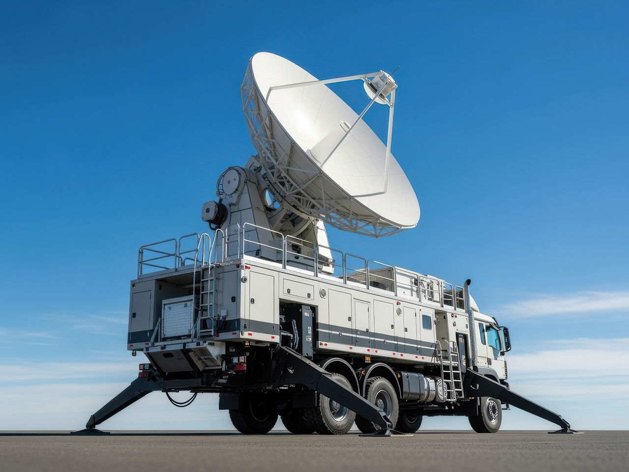 A satellite communication vehicle with a dish antenna.