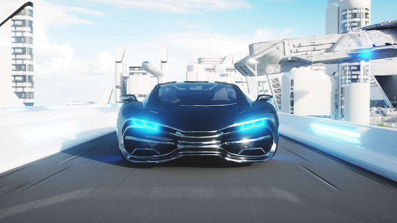 Futuristic automobile equipped with vehicle-to-everything (V2X) technology. 