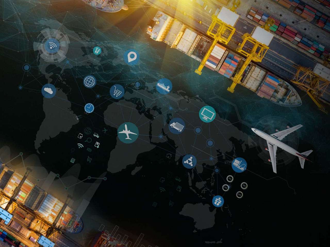 Global map with shipping containers overlaid to represent international logistics, trade routes, and worldwide supply chain movement. 
