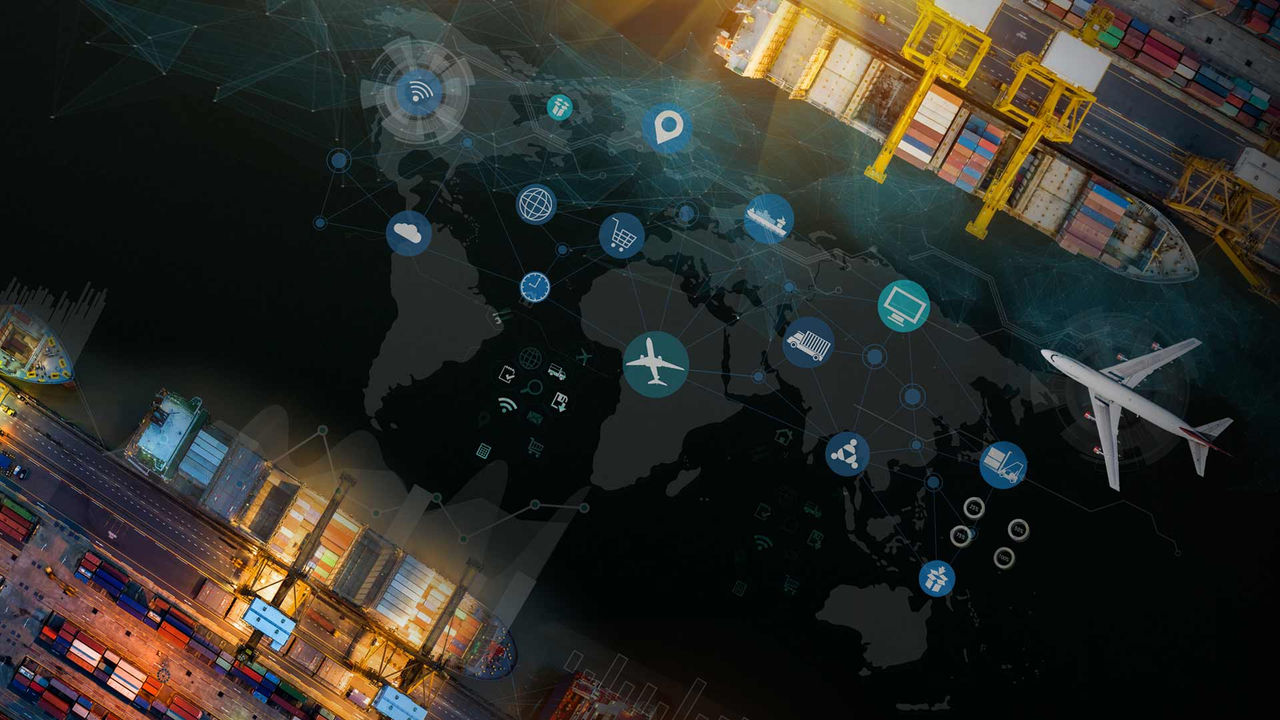 Cargo ships, port cranes and an airplane surround a digital world map with connected logistics and technology icons. 