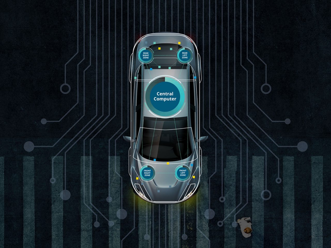 現代の車両における電気アーキテクチャを模式化した概略図。