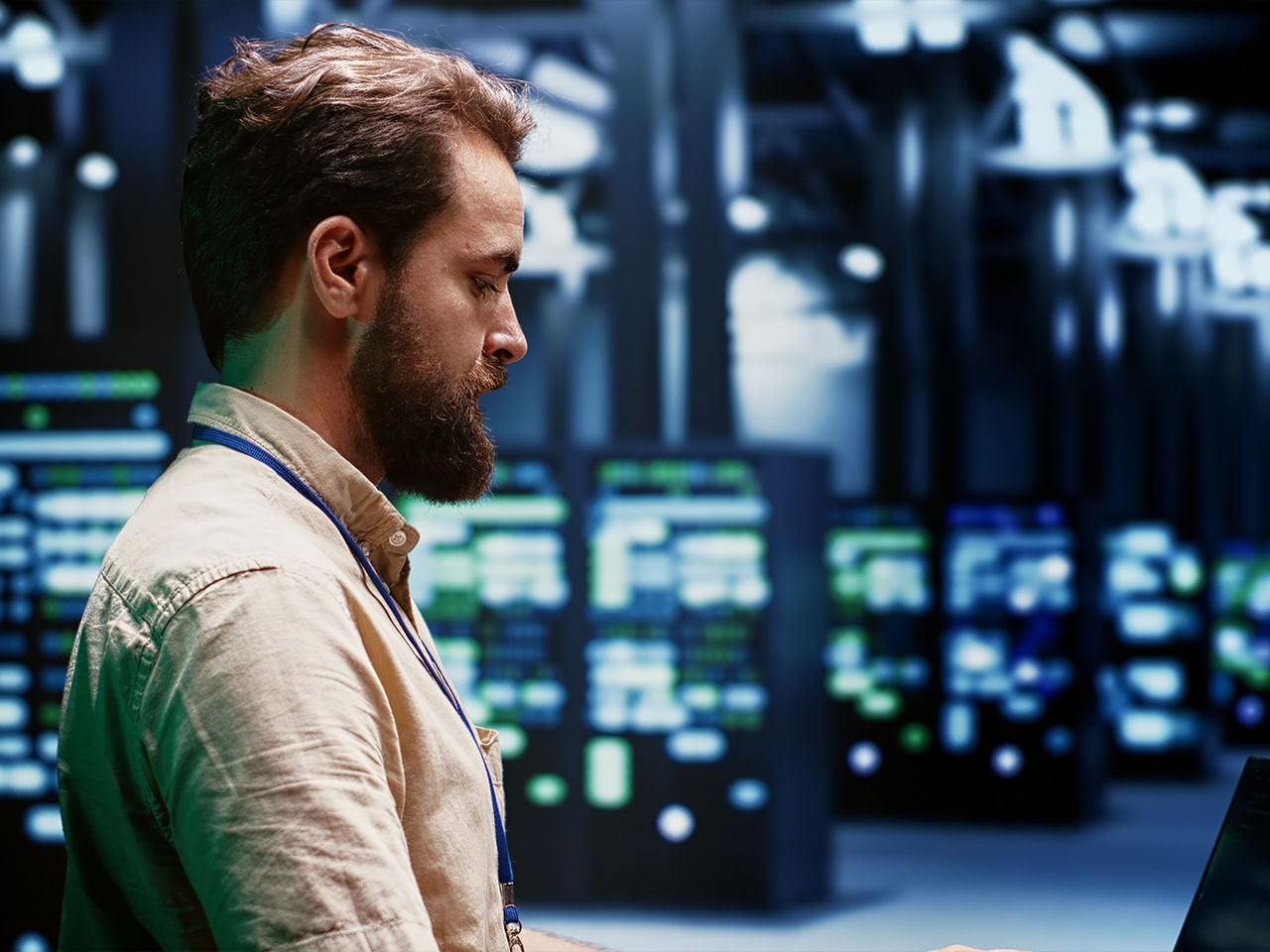 Engineer servicing high-density server clusters for AI and machine learning workloads in a hyperscale data center.