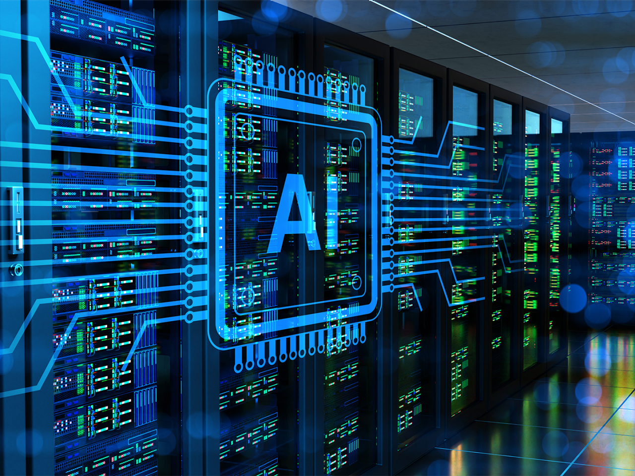 Glowing blue circuitry and microchip labeled “AI” overlays high-performance data center server racks, illustrating the future of co-packaged copper.