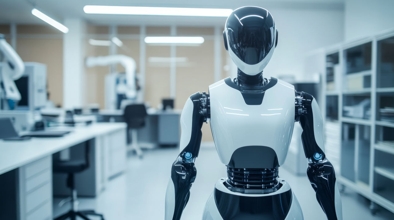 直立したヒューマノイドロボットの全身図。