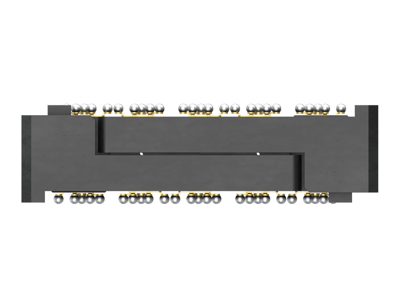 Side view of hermaphroditic (self-mating) Molex Gemini Mezz Connectors showing the stack height and ball grid array termination.