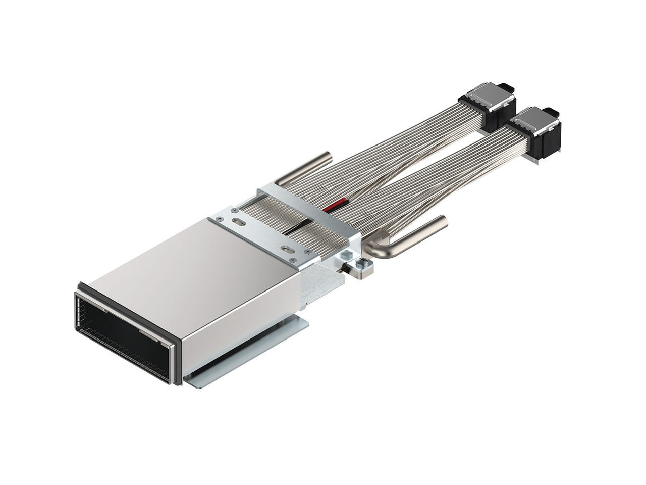Molex BiPass Twinaxケーブルを使用してMolex Impressコパッケージド銅ソリューションに接続された、ケージ付きMolex XPOコネクター。