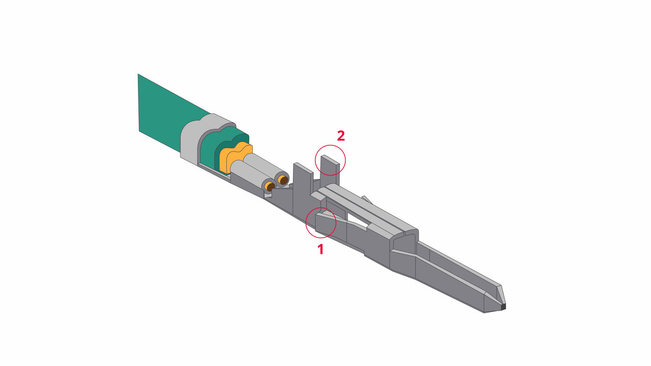 TPA機能とプライマリーロックタブを備えたMolex Mini-Fit TPA 2オス圧着端子。
