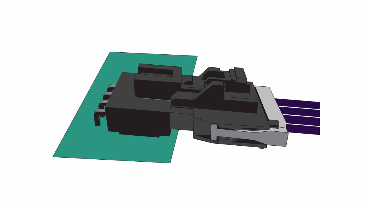 ほぼ完全に嵌合したMolex Nano-Fitコネクター。嵌合前の位置にセットされたポジティブロック機構。