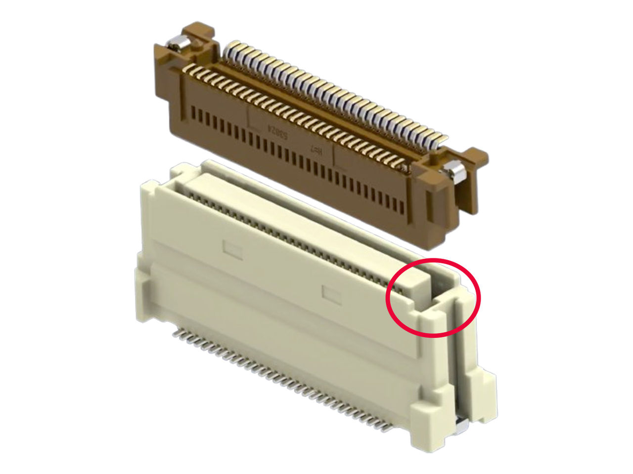 嵌合位置にセットされたMolex SlimStackコネクター。嵌合ガイドにより、正しいアライメントと嵌合方向を保証します。