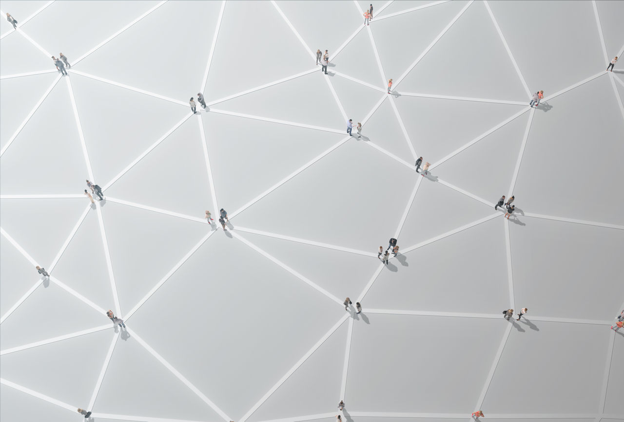 Crowd of people on network connection lines.