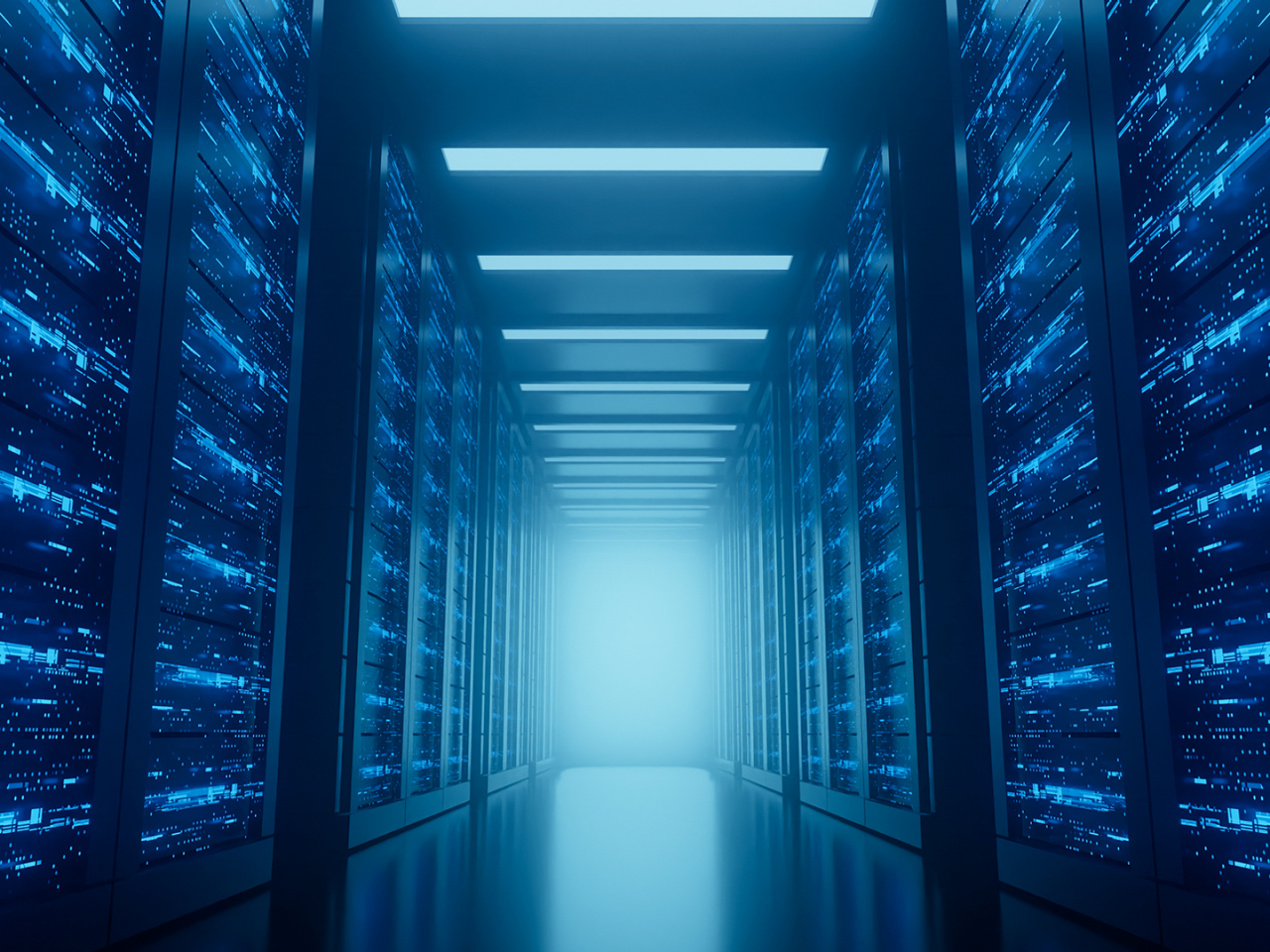 Data center server racks with liquid-cooled hardware.