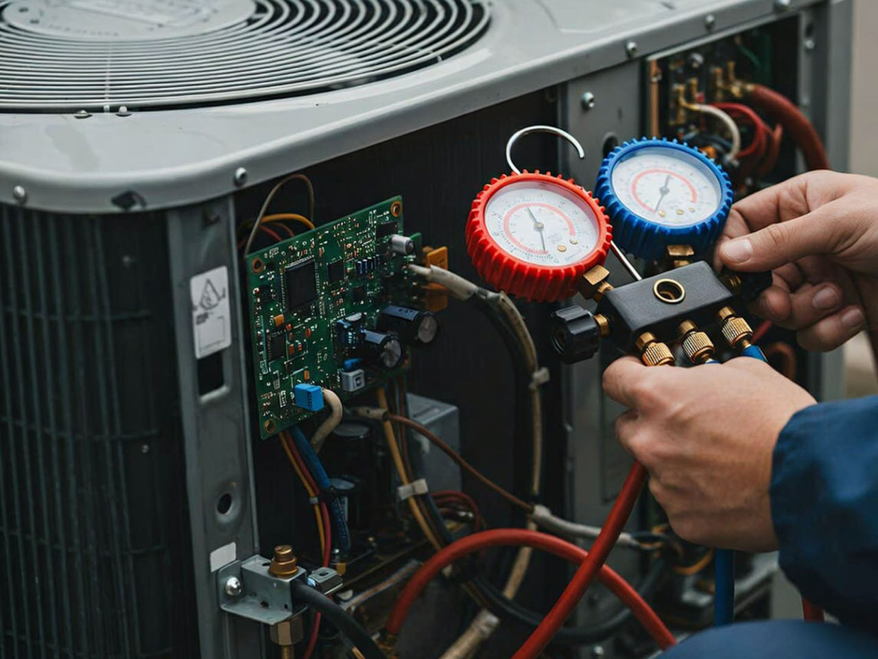 技术人员使用压力表对一台 HVAC 机组进行检修，其内部的布线与连接器清晰可见。