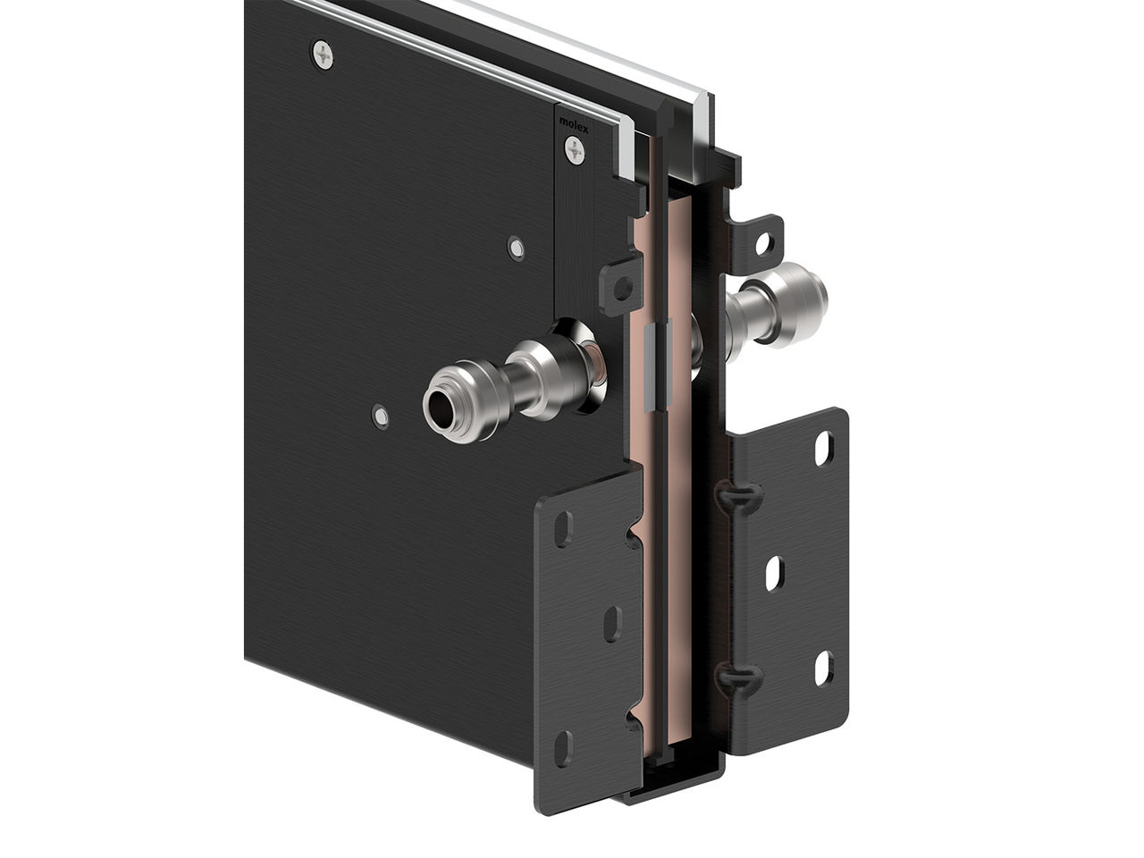 Molex liquid cooled busbar with integrated coolant tubes. 