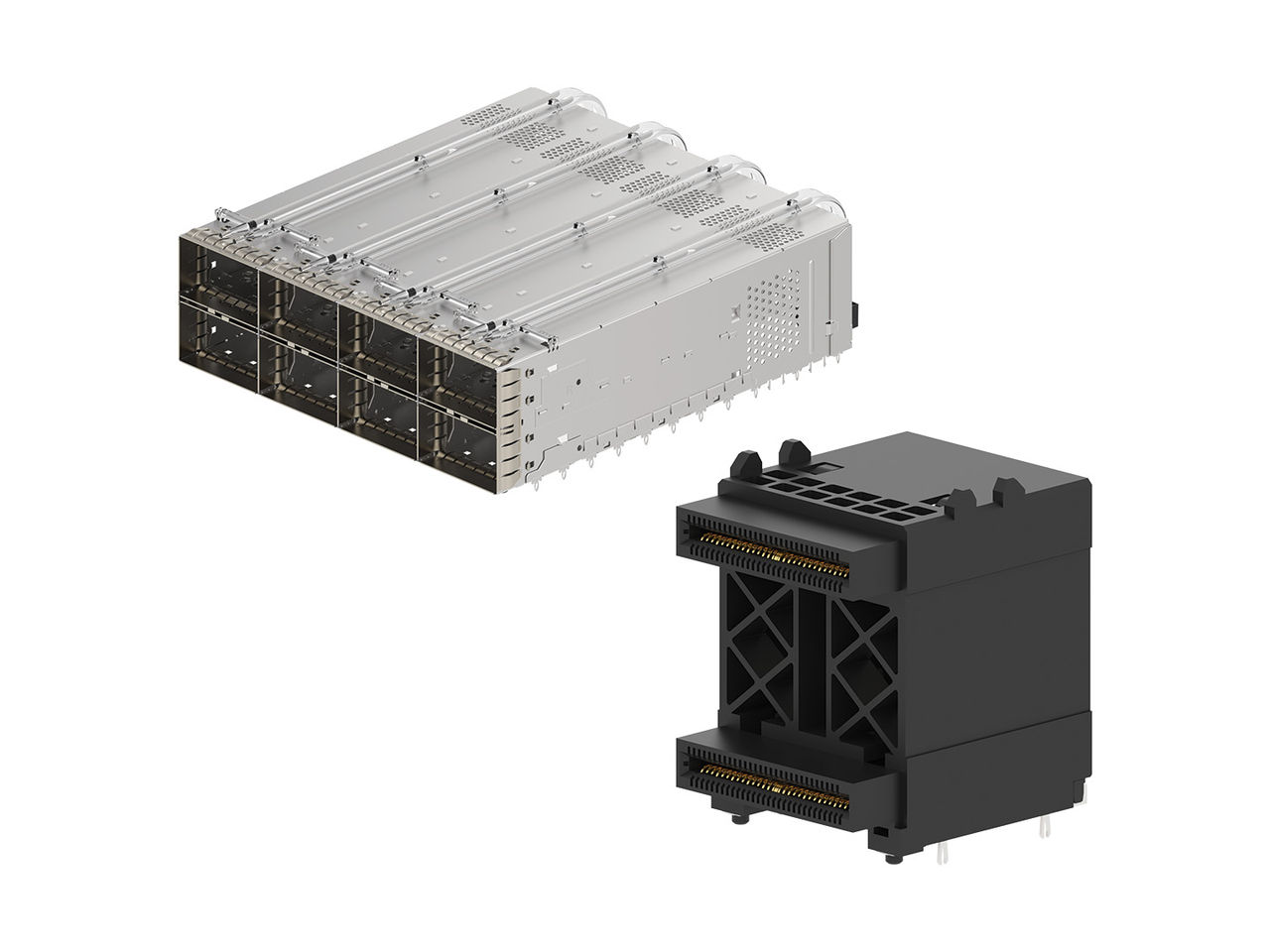 OSFP 连接器和 2x4 OSFP 屏蔽罩。