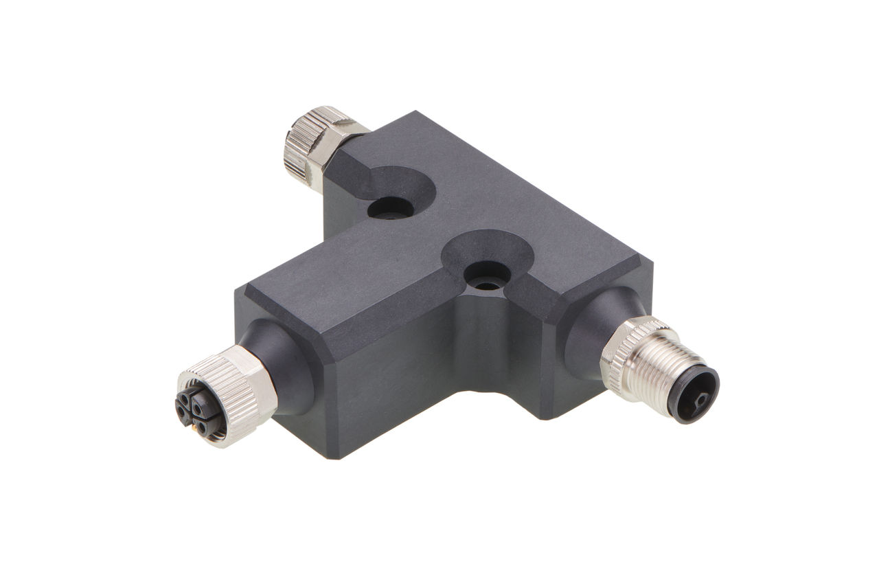 Molex Brad Micro-Change (M12) L-coded solid body splitter with black overmold. 